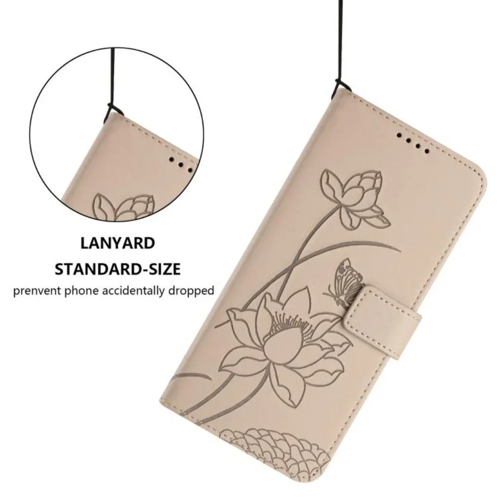 For iPhone 17 Pro Max Lotus Embossed Leather Phone Case with Lanyard(Beige)